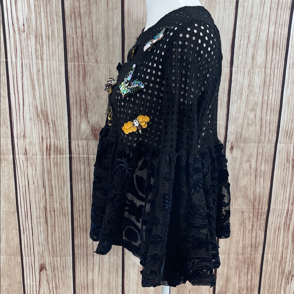 *Dor Dor Chic Black Beaded Insect Embellished Women's Lacy Blouse - Size Small - Picture 9 of 12
